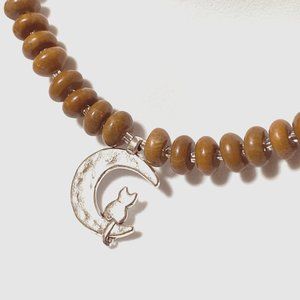 Jasper Stone Silver Cat on the Moon Necklace, Genuine Gemstone Beaded Necklace